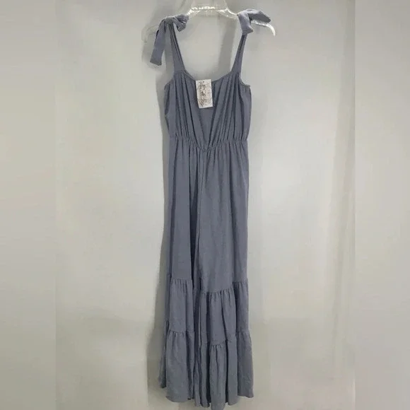 Peach Love Tiered Woven Chambray Jumpsuit Wide-Leg Strappy NWT Size Medium - Picture 4 of 9